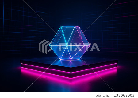AI generated glowing transparent geometric structure on neon stage with digital lines futuristic atmosphere and modern abstract technology concept suitable for innovation and design themes 133068903