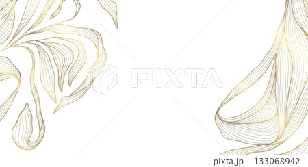 Vector gold floral pattern, elegant line art flowers and leaves, luxury background. Modern design border, frame, wedding cards, branding and decorative template 133068942