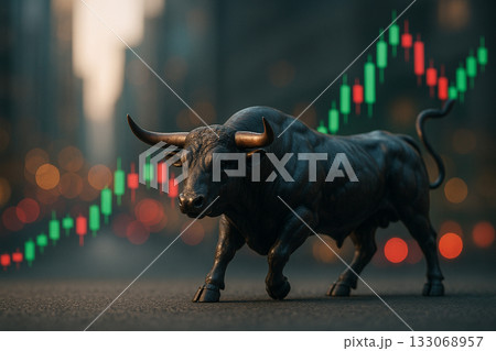 AI generated ultra realistic bull statue symbolizing stock market growth with glowing candlestick chart and city lights conveying power confidence and global financial momentum 133068957