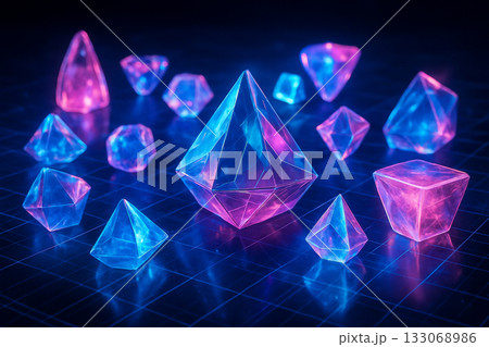 AI generated futuristic scene showing glowing transparent geometric shapes in blue and pink light arranged on a digital grid surface symbolizing technology data energy and innovation 133068986