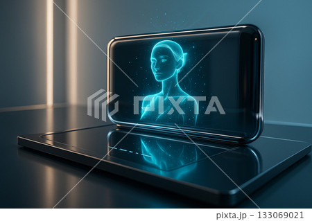 AI generated ultra realistic holographic female assistant projected from futuristic device on glossy table representing artificial intelligence digital innovation and interactive technology concept 133069021