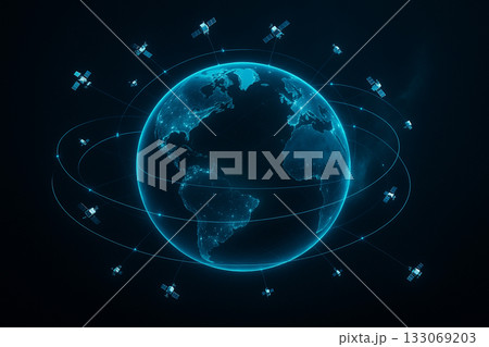 AI generated glowing Earth surrounded by satellites in orbit representing global communication data exchange and futuristic technology connectivity system 133069203
