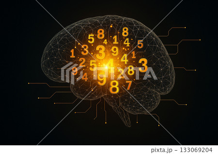 AI generated futuristic digital brain artwork showing glowing numbers and circuit lines representing artificial intelligence data flow mathematical logic cognitive processing in a mysterious high tech 133069204