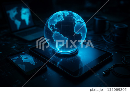 AI generated of glowing 3D Earth on tablet surrounded by futuristic digital devices symbolizing global connectivity innovation and intelligent technology in the modern digital world 133069205