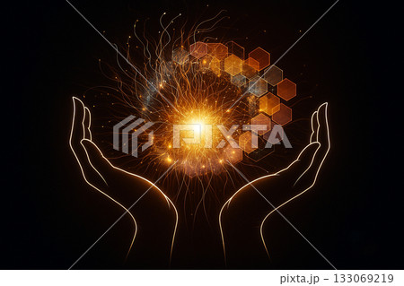 AI generated of glowing hands holding a radiant energy sphere surrounded by hexagonal light patterns and flowing data lines symbolizing knowledge technology and human creation power 133069219
