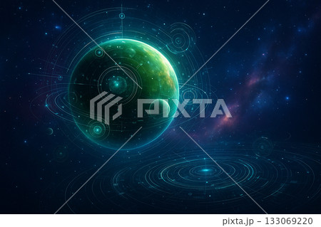 AI generated futuristic digital art of a glowing green planet surrounded by energy rings and data networks symbolizing intelligent cosmic technology and the connection between data energy 133069220