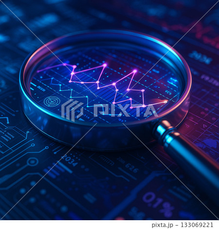 AI generated magnifying glass over glowing data charts and graphs representing analytics precision innovation and futuristic digital intelligence technology 133069221