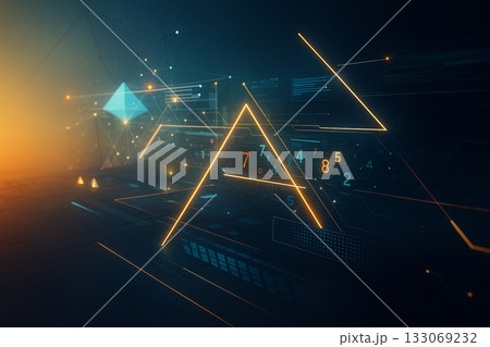 AI generated neon orange and cyan data lines flowing across a 3D tech surface with glowing geometric shapes representing motion energy and innovation in a futuristic digital world 133069232