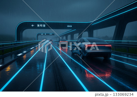 AI generated of autonomous electric cars driving on neon illuminated smart highway in the rain representing futuristic transportation technology innovation and intelligent mobility system 133069234