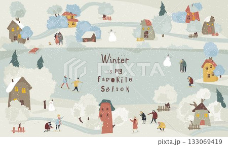 Cartoon Happy People enjoying Snow in the Small Town. Winter Landscape 133069419