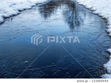 Still Frozen Puddle with Mirror Like Ice Surface and Subtle Patterns Reflecting Winter Sky and Surroundings 133069444
