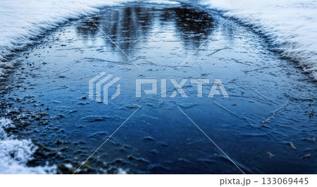 Still Frozen Puddle with Mirror Like Ice Surface and Subtle Patterns Reflecting Winter Sky and Surroundings 133069445