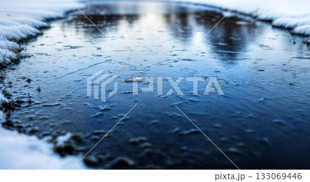 Still Frozen Puddle with Mirror Like Ice Surface and Subtle Patterns Reflecting Winter Sky and Surroundings 133069446