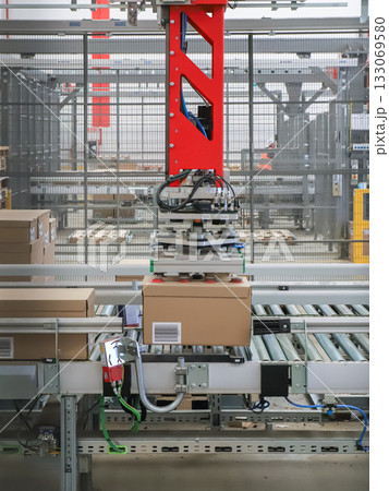 packing line in a logistics warehouse. conveyor belt in a modern production line 133069580