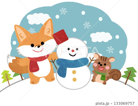 雪だるまと遊ぶキツネとリスのかわいいイラスト 133069757
