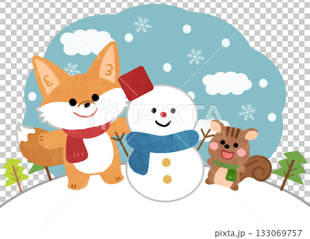一隻狐狸和一隻松鼠與雪人玩耍的可愛插圖 133069757