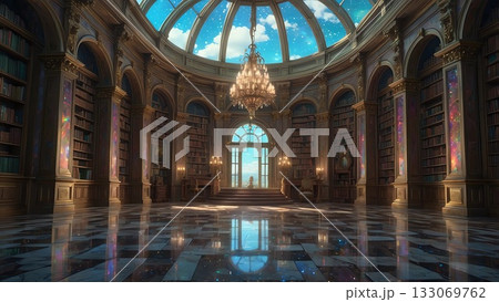 ゲーム背景　青空が見えるシャンデリアがある舞踏会ホール 133069762