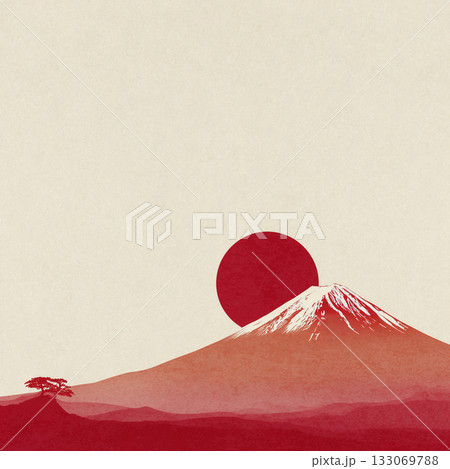 シンプルな年賀状素材　赤富士と日の出 133069788