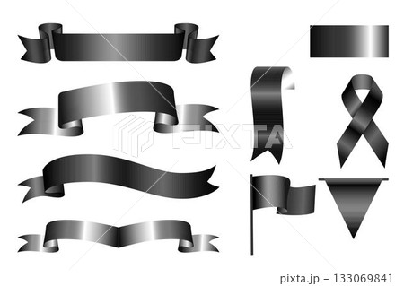 Collection of black ribbons, banners. Set of 3D realistic black ribbons. Design element, decorative sticker. Various folded ribbons for banner, awareness, mourning, flag. Black Friday Sale. 133069841