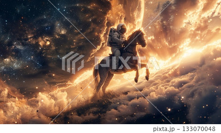 Against a backdrop of crackling fire and thick smoke, an astronaut on horseback embarks on a daring journey through the inferno. 133070048