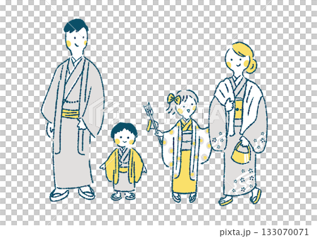 新年伊始,一家四口身著和服,首次前往神社參拜的插圖 新年伊始,一家四口身著和服,首次前往神社參拜的插圖 133070071