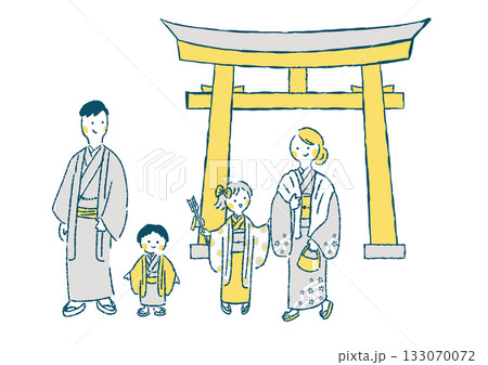 初詣に出かける着物姿の4人家族のイラスト 133070072