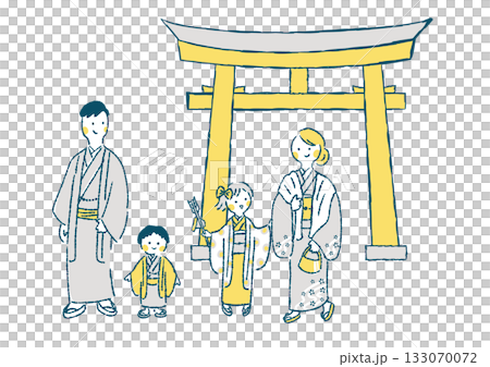 Illustration of a family of four in kimono going to visit a shrine for the first time in the new year 133070072