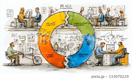 PDCA：「Plan（計画）」「Do（実行）」「Check（評価）」「Action（改善）」のイメー
