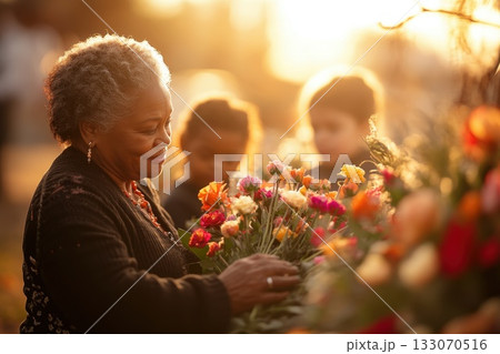 Elderly woman tends to vibrant flowers while children watch in a sunny garden at dusk, capturing a moment of connection and joy in nature Elderly woman tends to vibrant flowers while children watch in a sunny garden at dusk, capturing a moment of connection and joy in nature 133070516