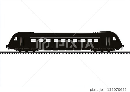 Silhouette of a sleek train car traveling along railway tracks under a clear sky during twilight, showcasing its streamlined design and modern aesthetics 133070633