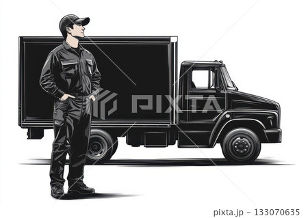 Worker stands confidently beside delivery truck while showcasing dedication to transporting goods in a bustling urban setting during daylight hours Worker stands confidently beside delivery truck while showcasing dedication to transporting goods in a bustling urban setting during daylight hours 133070635