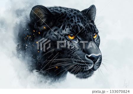 Black jaguar with piercing eyes surrounded by a misty atmosphere showcasing the beauty of wildlife in a combination of realism and artistry created in a contemporary style 133070824