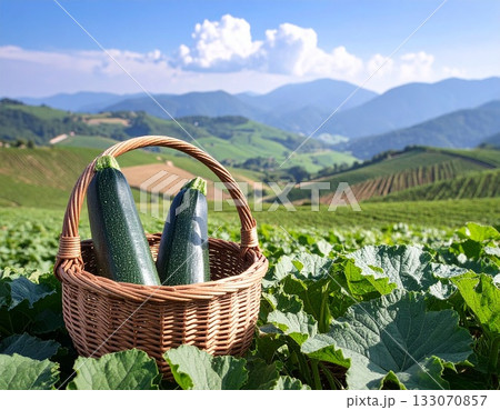カゴに入ったズッキーニと畑 133070857