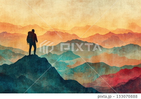 Hiker stands on mountain peak overlooking vibrant valleys at sunset, capturing the essence of adventure and exploration in stunning landscape 133070888