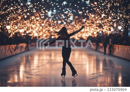 Skater glides gracefully on ice rink illuminated by twinkling lights in festive winter setting during evening hours 133070904
