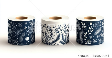 Decorative toilet paper rolls featuring floral and botanical designs in navy and white colors ideal for home decor and seasonal celebrations 133070961