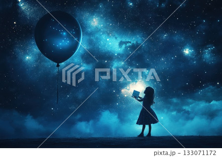 Child explores a dreamy night sky with glowing stars and a large balloon while holding a book in an enchanting landscape 133071172