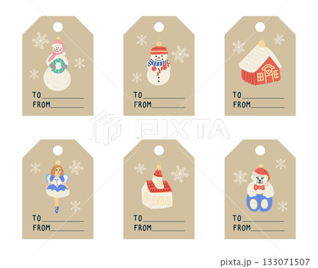 Set of Christmas gift tags with cute ornaments, snowmen, house and ballerina on beige background. Hand drawn vector illustration symbolizing eco packaging, holiday joy and festive gifting 133071507