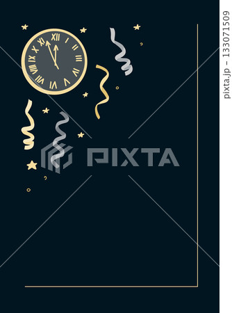 New year midnight clock with gold streamers and stars on dark festive background. Hand drawn vector illustration symbolizing countdown, celebration and party invitation 133071509