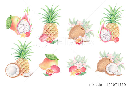 Tropical fruits clipart set, watercolor and colored pencil illustration Tropical fruits clipart set, watercolor and colored pencil illustration 133071530