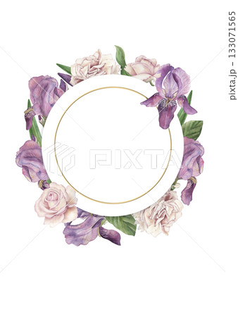 Card template with round golden frame, purple irises, green leaves, pink roses and butterflies. Watercolor illustration hand drawn in botanical style. For the design of invitations, wedding printing 133071565