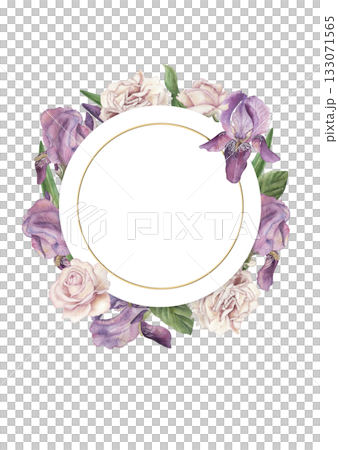 Card template with round golden frame, purple irises, green leaves, pink roses and butterflies. Watercolor illustration hand drawn in botanical style. For the design of invitations, wedding printing 133071565