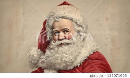 This is an image of a happy man in red and white festive attire with a long white beard and mustache, reminiscent of a classic holiday figure. His eyes are blue and cheerful. 133071696
