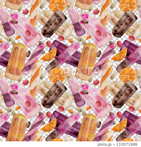 Citrus berry fruit popsicle ice lolly with sliced orange, glossy dragee candy pearls. Isolated seamless pattern illustration hand drawn in watercolor. Artisan label, frozen dessert print, menu decor. Citrus berry fruit popsicle ice lolly with sliced orange, glossy dragee candy pearls. Isolated seamless pattern illustration hand drawn in watercolor. Artisan label, frozen dessert print, menu decor. 133071986