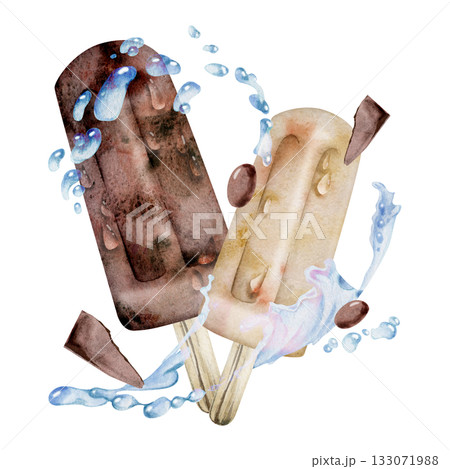 Vanilla and chocolate ice cream popsicle with water splashes, droplets, dragee bonbons. Isolated illustration hand drawn in watercolor. Summer treats, refreshing heatwave poster, frozen goods wrap. Vanilla and chocolate ice cream popsicle with water splashes, droplets, dragee bonbons. Isolated illustration hand drawn in watercolor. Summer treats, refreshing heatwave poster, frozen goods wrap. 133071988