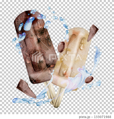 Vanilla and chocolate ice cream popsicle with water splashes, droplets, dragee bonbons. Isolated illustration hand drawn in watercolor. Summer treats, refreshing heatwave poster, frozen goods wrap. Vanilla and chocolate ice cream popsicle with water splashes, droplets, dragee bonbons. Isolated illustration hand drawn in watercolor. Summer treats, refreshing heatwave poster, frozen goods wrap. 133071988
