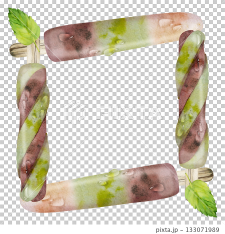 Creamy vanilla and chocolate popsicle ice lolly, mint sprig and soft glaze, melting water droplets. Isolated square frame illustration hand drawn in watercolor. Cold treat branding, eco dessert label. 133071989