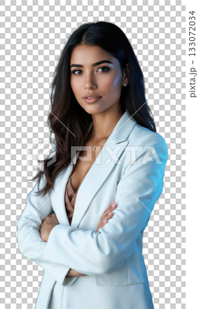 A South Asian female business magnate in a smart white blazer, standing against futuristic projections of economic growth and digital 133072034