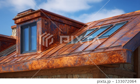Eye-level view of the roof, showcasing three skylights, a gray-framed window, and a chimney, all set against a bright sky. The rustic, orange patina of the roof adds character. 133072064