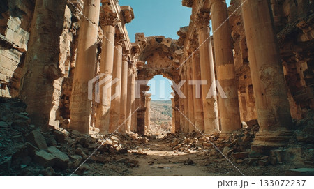 An evocative vista reveals a crumbling monument, its towering columns hinting at grandeur, set against a clear sky and distant hills. An evocative vista reveals a crumbling monument, its towering columns hinting at grandeur, set against a clear sky and distant hills. 133072237